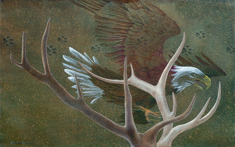 Bald Eagle, Elk and Wolf Prints. Painting on canvas: 6'6"x4' (available).