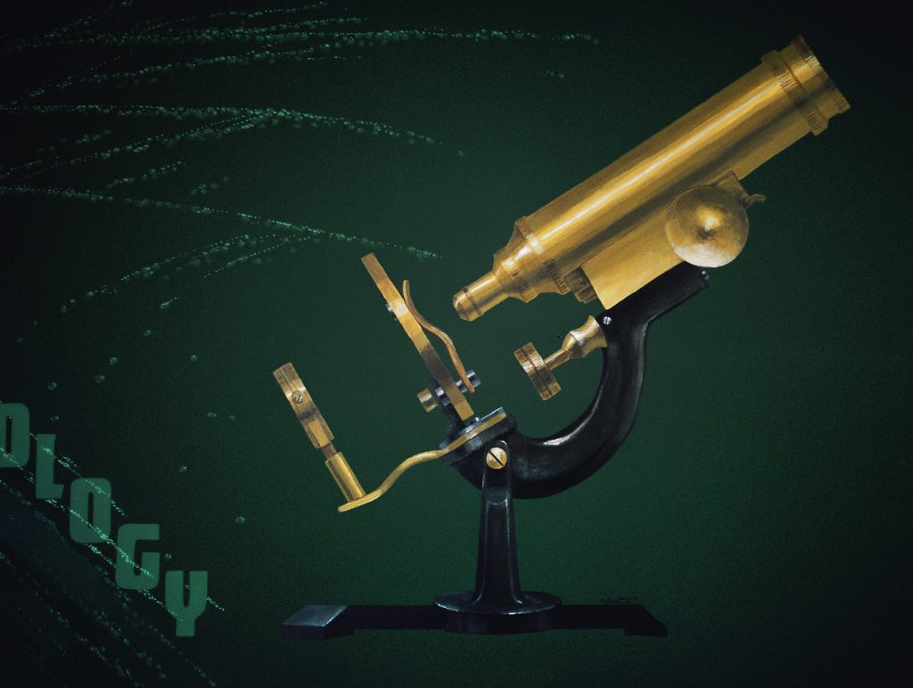 Detail of a mural: an antique microscope painted on a dark green wall. Microscope is 4' tall. The swirls and specs in the background represent what is seen under the microscope.